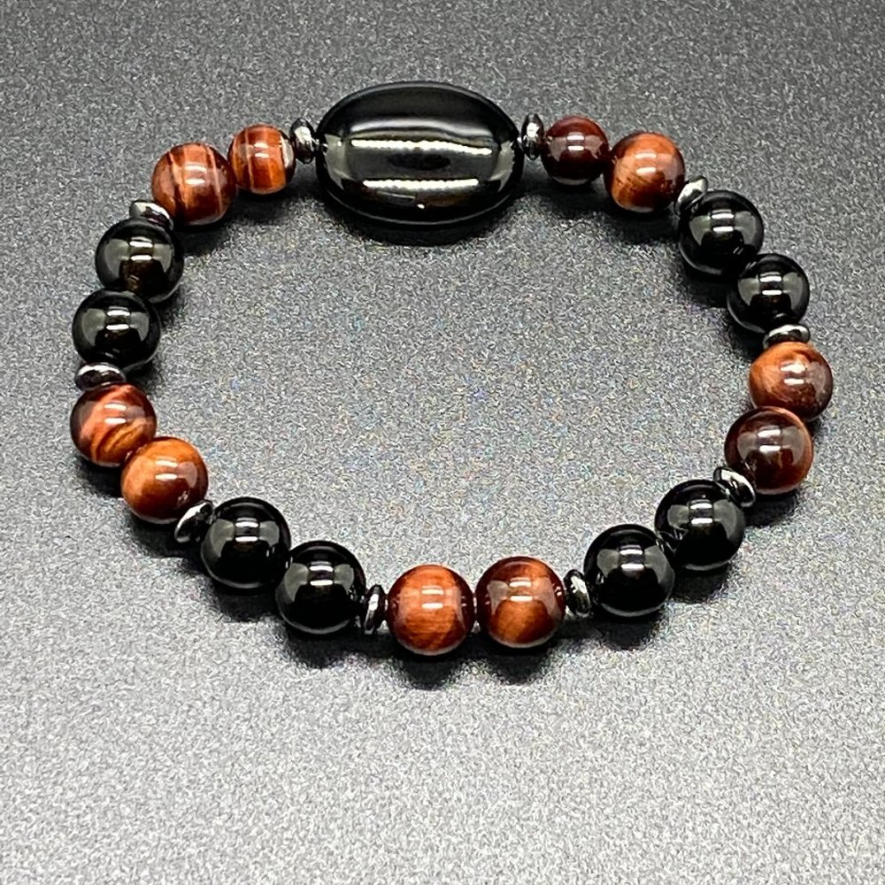 Gemstone Stretchy Bracelet, Onyx & Red Tiger Eye